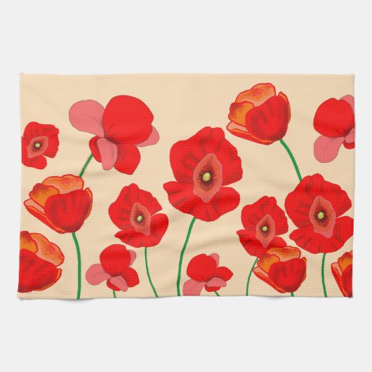 ベージュの背景に赤いポピーの花畑 キッチンタオル (横)