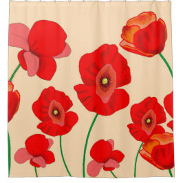 ベージュの背景に赤いポピーの花畑 シャワーカーテン