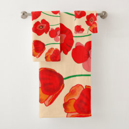 ベージュの背景に赤いポピーの花畑 バスタオルセット