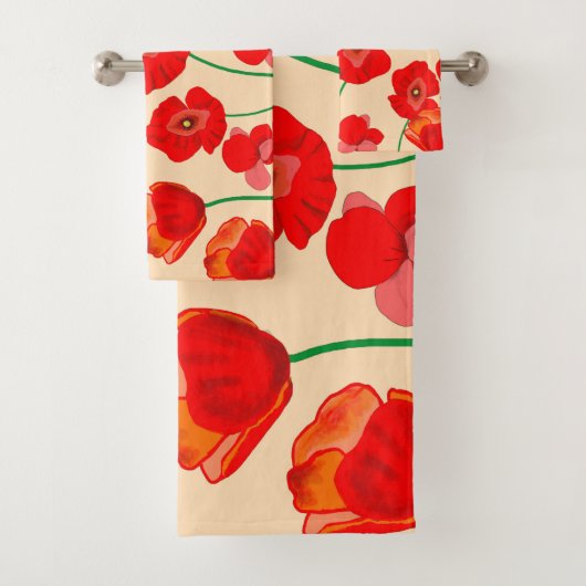ベージュの背景に赤いポピーの花畑 バスタオルセット (インサイチュ)
