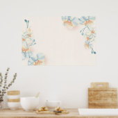 ベージュの背景に青い花の模様 ポスター (キッチン)