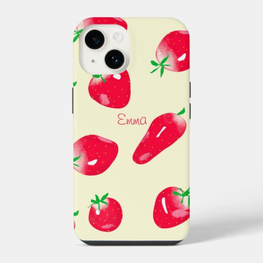ベージュの背景のジューシーな赤いイチゴ iPhoneケース (裏面)