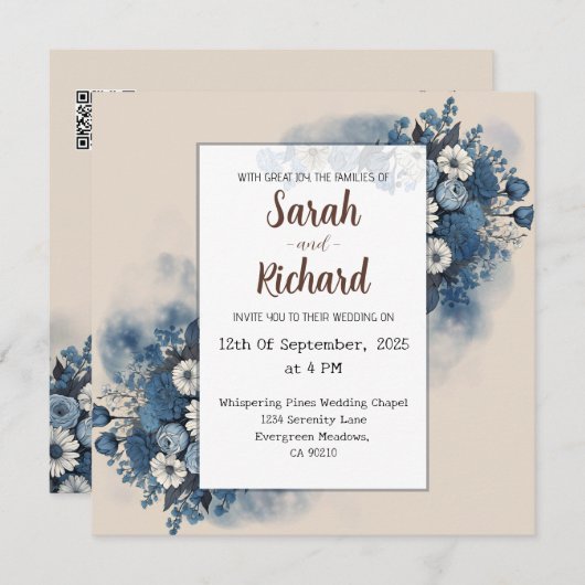 ベージュの背景を持つセレエレガントンブルーフローラ 招待状 (正面/裏面)