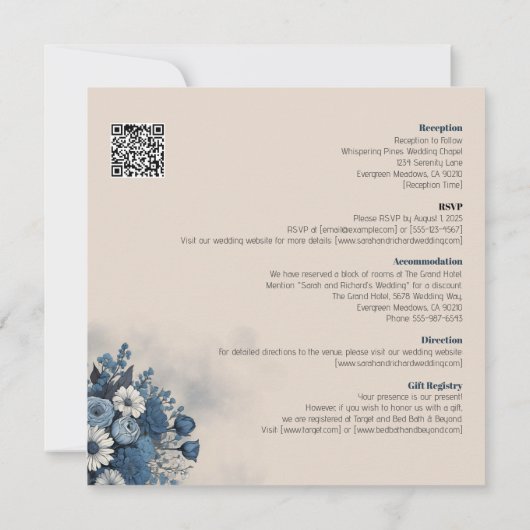 ベージュの背景を持つセレエレガントンブルーフローラ 招待状 (裏面)