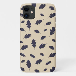 ベージュの背葉景に濃い青いオークのパターン iPhone 11 ケース