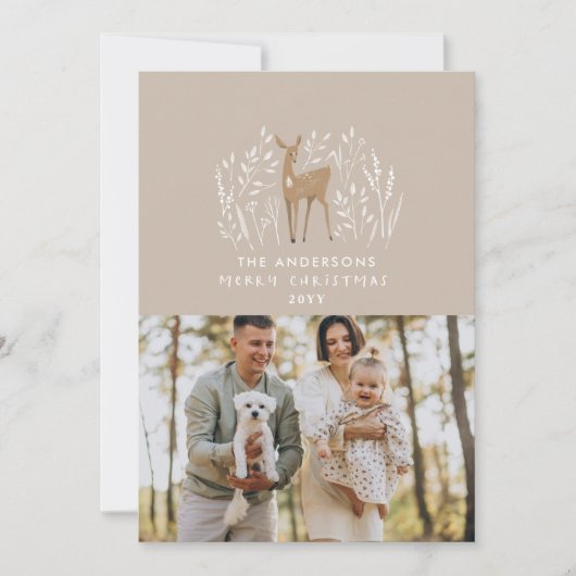 ベージュの自然な手で描かれたトナカイエレガントの写真 シーズンカード (正面)