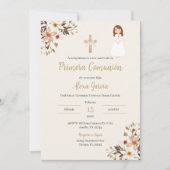 ベージュの花柄の初めての聖体拝領招待状 招待状 (正面)