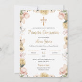 ベージュの花柄の初めての聖体拝領 招待状 (正面)