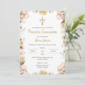 ベージュの花柄の初めての聖体拝領 招待状 (スタンド正面)