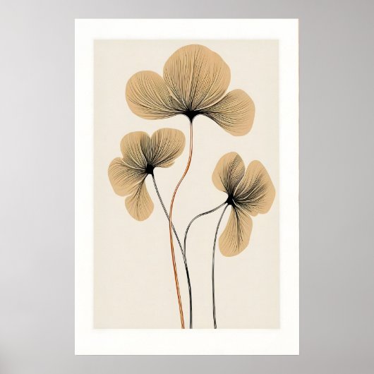 ベージュの花柄の壁のアート　植物画プリント　木製 ポスター (正面)