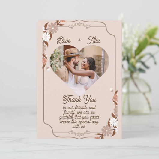 ベージュの花柄エレガントシンプルモダンウェディング サンキューカード (スタンド正面)