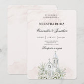 ベージュの花柄スペイン教会の結婚式招待状 招待状 (正面/裏面)