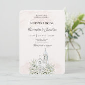ベージュの花柄スペイン教会の結婚式招待状 招待状 (スタンド正面)