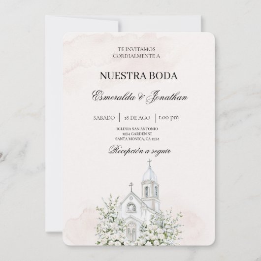 ベージュの花柄スペイン教会の結婚式招待状 招待状 (正面)