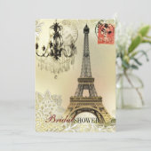 ベージュの花柄レースのシャンデリア、パリのエiffel塔 招待状 (スタンド正面)