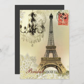 ベージュの花柄レースのシャンデリア、パリのエiffel塔 招待状 (正面/裏面)