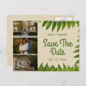 ベージュの葉3つの写真コラージュ日付を保存 案内ポストカード (正面/裏面)