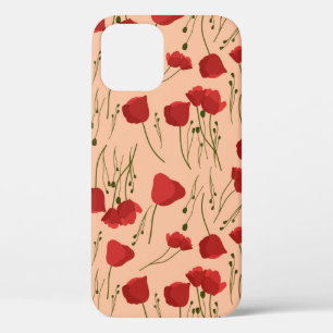 ベージュの裏地にポピーのシームレスなパターン iPhone 12ケース