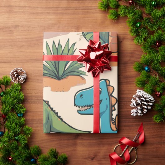 ベージュの贈り物に飾り立てられた漫画の恐竜 ラッピングペーパー (クリスマスギフト)