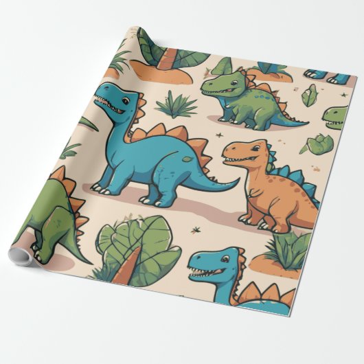 ベージュの贈り物に飾り立てられた漫画の恐竜 ラッピングペーパー (アンロールド)