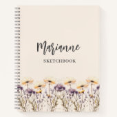 ベージュの野の花と名前の手書きスクリプト スケッチブック ノートブック (正面)