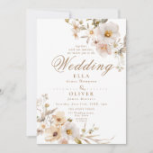 ベージュの野生の花を添えたニュートラルでボヘミアなエレガントなウェディング 招待状 (正面)