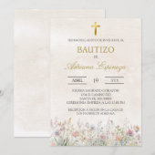 ベージュの野生の花 スペイン語 洗礼 招待状 (正面/裏面)