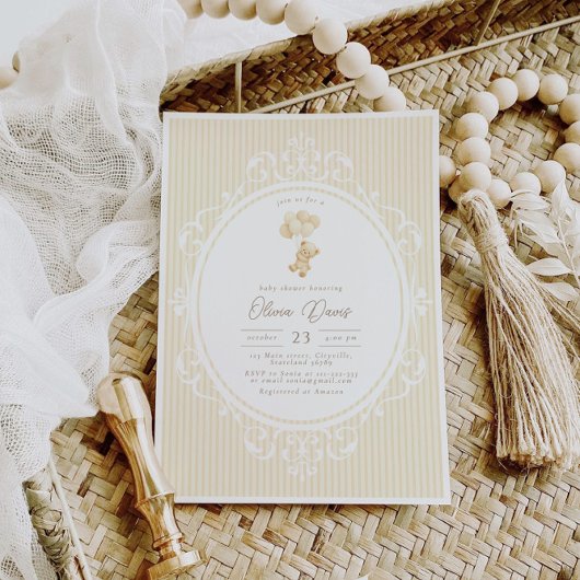 ベージュの風船 テディベア ヴィンテージ ベビーシャワー 招待状