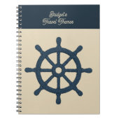ベージュの"Coastal travel"名入りネイビーの船の舵輪 ノートブック (正面)