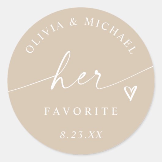 ベージュのHer Favorite筆記体ウェディングお菓子バッグ ラウンドシール (正面)
