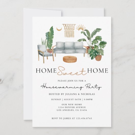 ベージュアンドグリーンニューホームリビング引っ越し祝いパーティーパーティー 招待状 (正面)