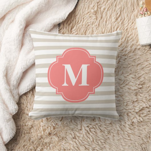 ベージュアンドコーラルストライプズモノグラム クッション (ブランケット)