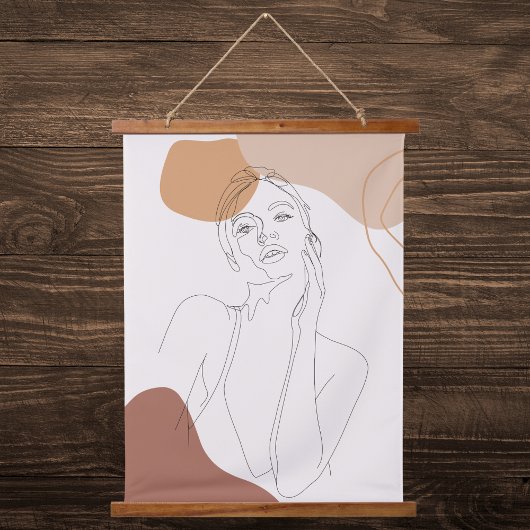 ベージュアンドピーチモダンラインアート 吊り下げ型タペストリー