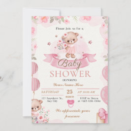 ベージュアンドブラウンフローラベビーガールシャワー招待状 招待状