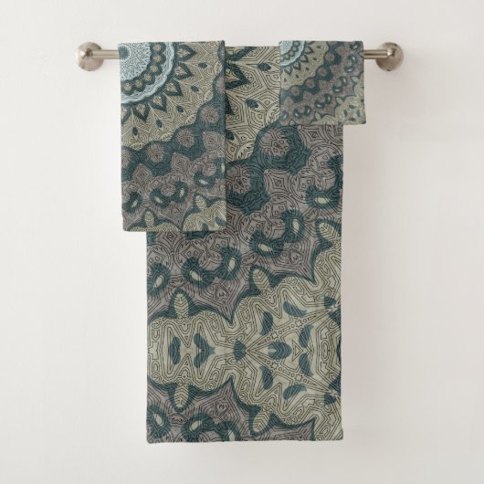 ベージュアンドブルーグレーマンダラ万華鏡のように千変万化するパターンメダリオン バスタオルセット (インサイチュ)