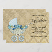 ベージュアンドブルーボーイズヴィンテージベビーシャワー 招待状 (正面/裏面)