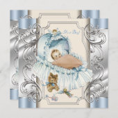 ベージュアンドブルーヴィンテージ男の赤ちゃんシャワー 招待状 (正面/裏面)