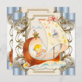 ベージュアンドブルーヴィンテージ男の赤ちゃんシャワー 招待状 (正面/裏面)