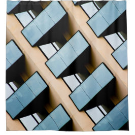 ベージュアンドブルー建物抽象芸術 シャワーカーテン