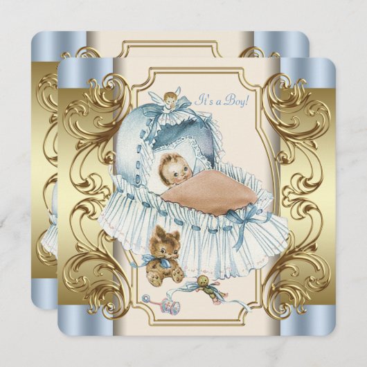 ベージュアンドブルー男の赤ちゃんシャワー 招待状 (正面/裏面)