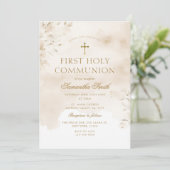 ベージュウォータカラー金ゴールドクロスファースト聖餐式 招待状 (スタンド正面)