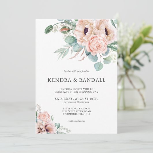 ベージュウォーターカラーポピーと緑結婚園 招待状 (スタンド正面)