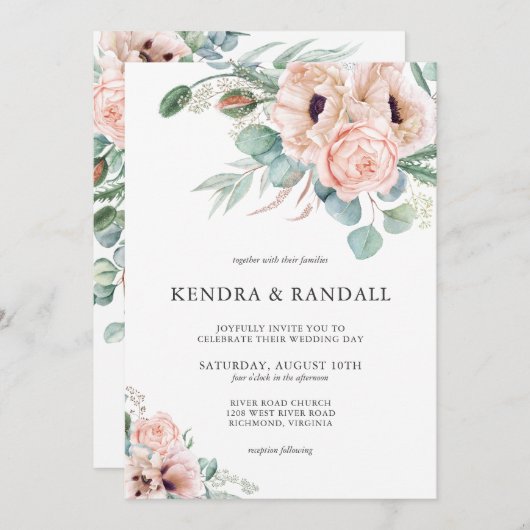 ベージュウォーターカラーポピーと緑結婚園 招待状 (正面/裏面)