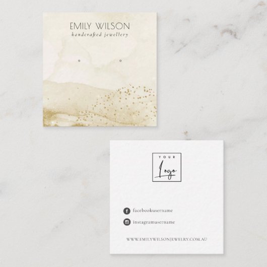 ベージュウォーター金ゴールドグリッタースタッドイヤリングディスプレイ スクエア名刺 (正面/裏面)