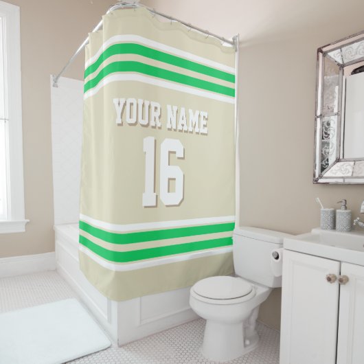 ベージュエメラルドグリーンホワイトストライプスポーツジャージ シャワーカーテン (インサイチュ)