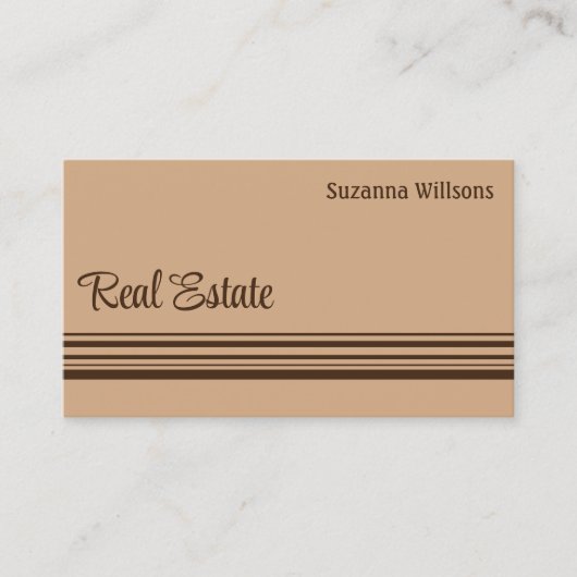 ベージュエレガントとブラウンストライプの写真付きスタイリッシュ 名刺 (正面)