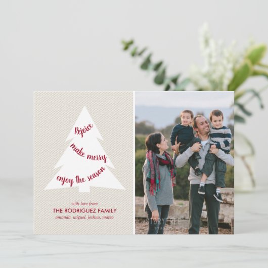 ベージュエレガントの白いクリスマスツリーのカスタム写真 シーズンカード (スタンド正面)