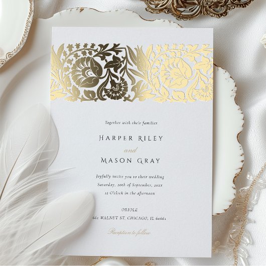 ベージュエレガントアイボリーフローラ結婚ズ 箔招待状