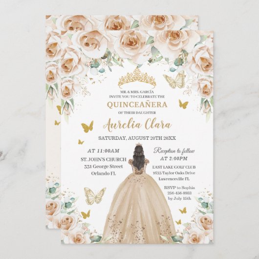 ベージュエレガントクリームフローラ金ゴールドキンセアニラ16日 招待状 (正面/裏面)