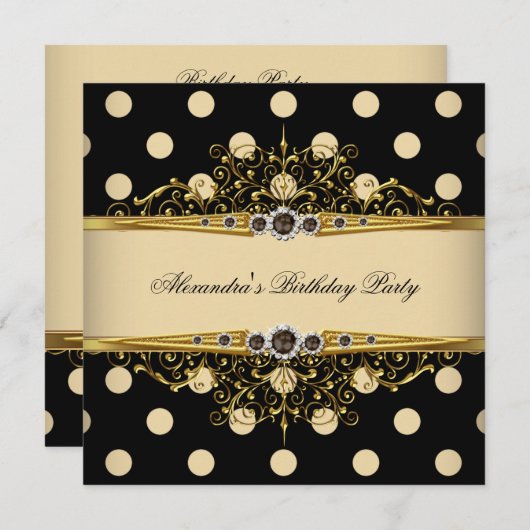 ベージュエレガントクリーム金ゴールドブラックポルカ誕生日2 招待状 (正面/裏面)